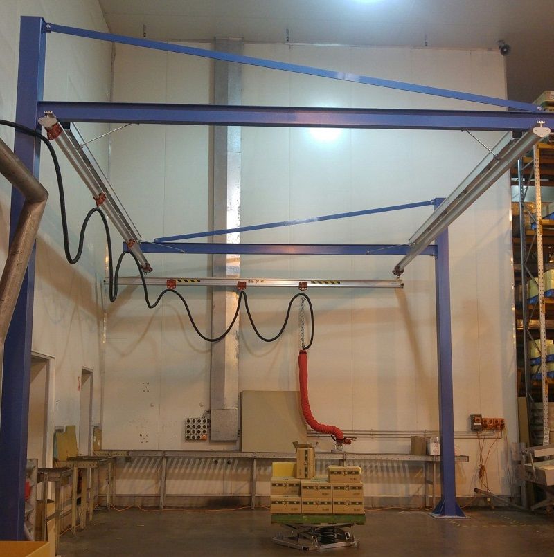 Cantilevered gantry crane with tilting foot vacuum lifter